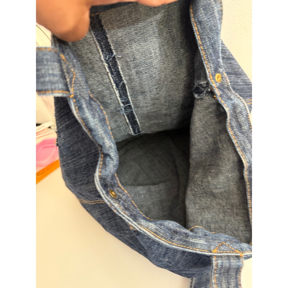 Upcycled Dark Wash Denim Tote Bag Frayed Pocket Indigo Blue Cotton Shoulder Bag - Picture 4 of 6